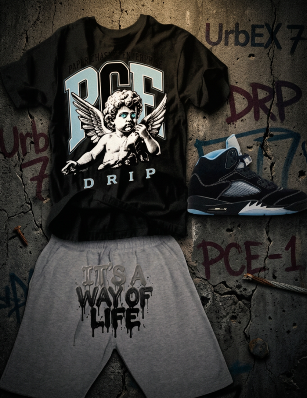 Black/Grey PCE DRIP “It’s A Way Of Life” Streetwear Set (Shoes not included)