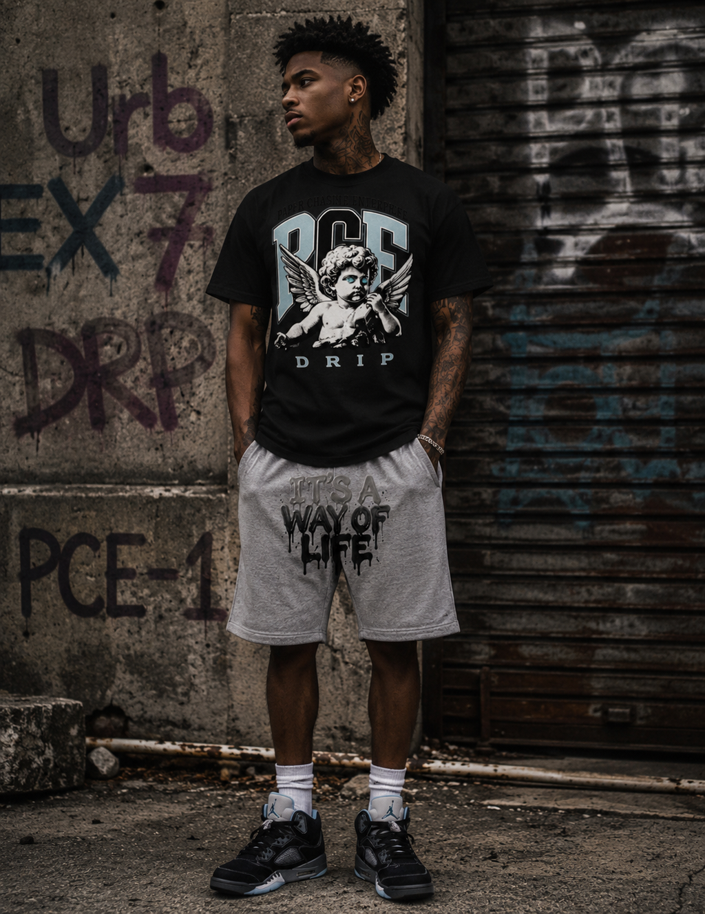Black/Grey PCE DRIP “It’s A Way Of Life” Streetwear Set (Shoes not included)